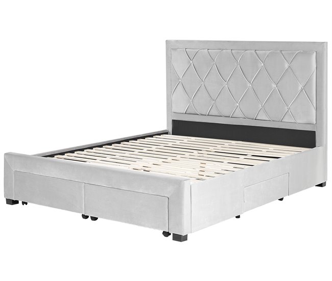Beliani Cama com armazenamento Veludo LIEVIN 165x217 Azul Marino