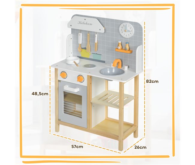 Cozinha de Brinquedo MDF e Madeira de Pinho AIYAPLAY Cinza