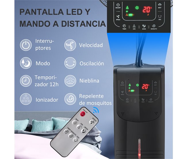 Ventoinha Nebulizadora 44,5x44,5x135 cm HOMCOM Preto