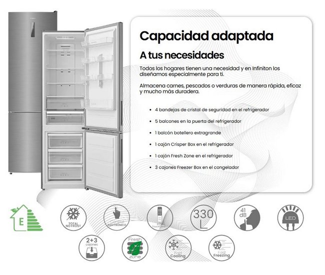 INFINITON Frigorifico Combinado FGC-345C20XEM, 330 l Inoxidavel