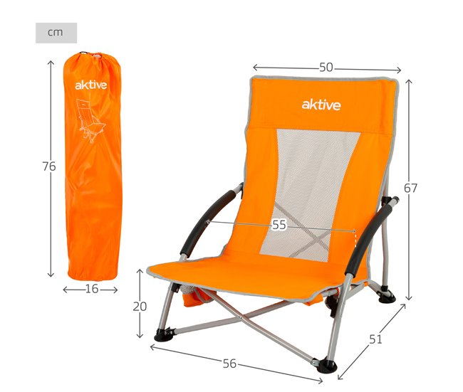 Aktive Pack 4 cadeiras de praia dobráveis baixas com porta-copos Laranja