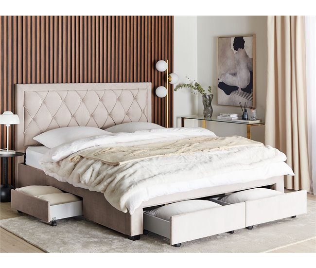 Beliani Cama com armazenamento Veludo LIEVIN 185x217 Bege
