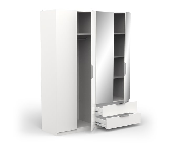 Roupeiro GHOST portas batentes com espelho e 2 gavetas Branco