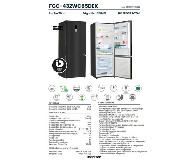 INFINITON Frigorifico Combi FGC-432WC85DEK Preto / Cinza