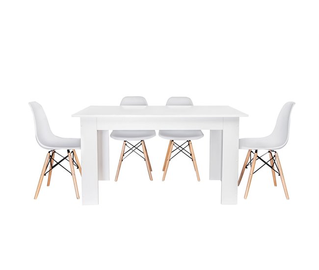 Pack Poupança: Mesa de Jantar + 4 Cadeiras + Mesa de Centro 140x80 Branco