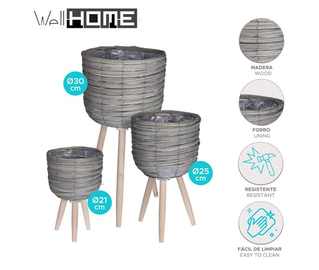 Well Home Conjunto 3 vasos de flores com pernas Cinza