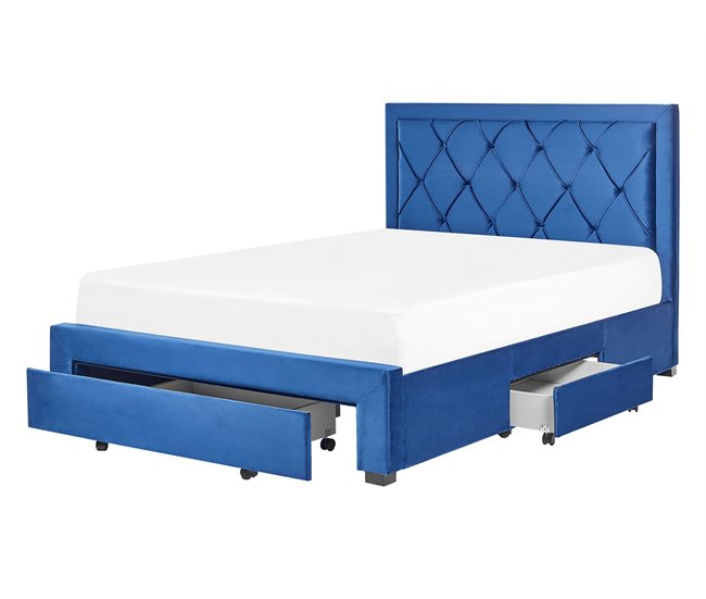 Beliani Cama com armazenamento Veludo LIEVIN 145x217 Azul Marino