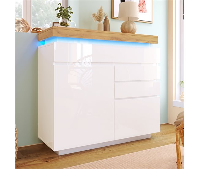 Aparador de painel de partículas com 2 portas e 3 gavetas Natural/ Branco