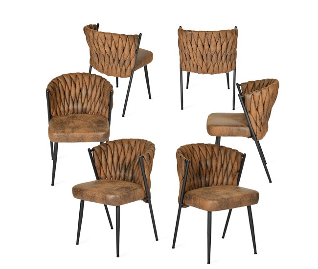 Conjunto de 6 cadeiras de jantar estofadas em camurça marrom com encosto trançado e pés de metal preto estilo industrial moderno ideal para sala de jantar cozinha ou restaurante