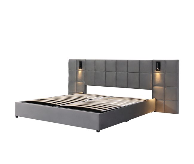 Cama box king em veludo cinza com iluminação e tomadas usb 180*200 permafrost
