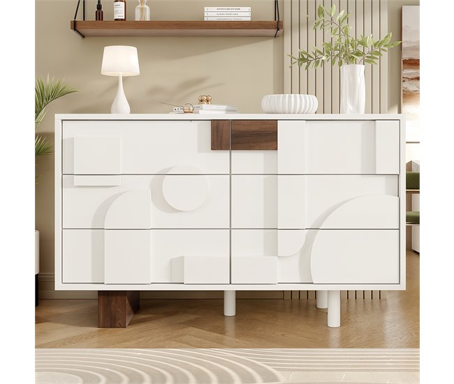 Aparador com efeito madeira e frente em relevo geométrico Branco