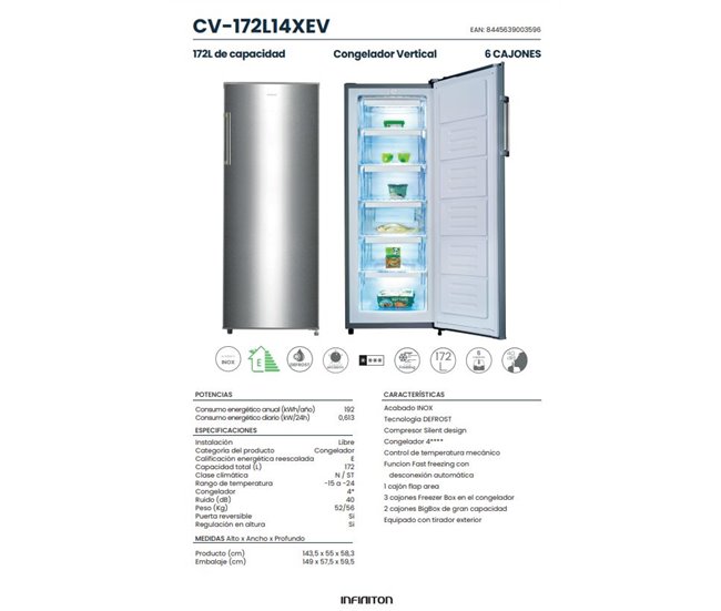 Congelador vertical Infiniton CV-172L14XEV, 172 l, E, Cíclico, 6 gavetas Inoxidavel