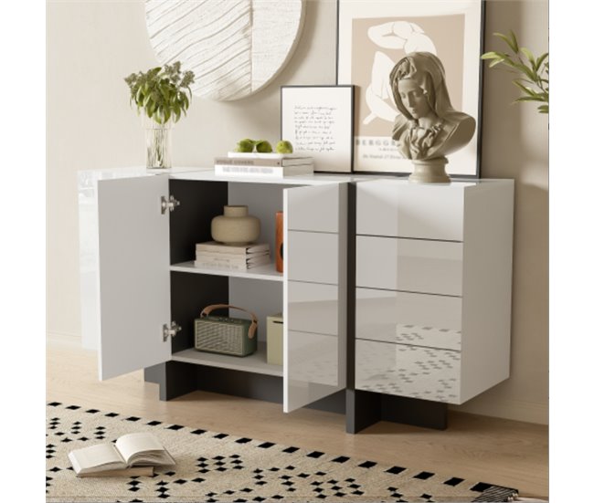 Aparador, 2 portas, 4 gavetas, sala de estar, sala de jantar Branco