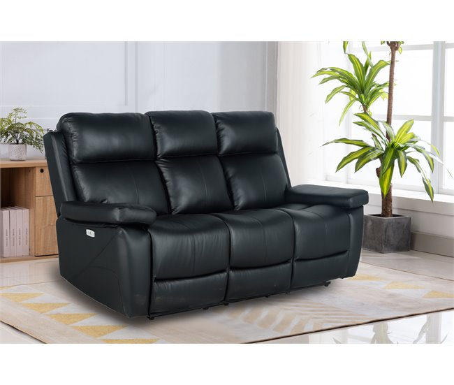 Sofá THEA 3 lugares relax elétrico pele Preto