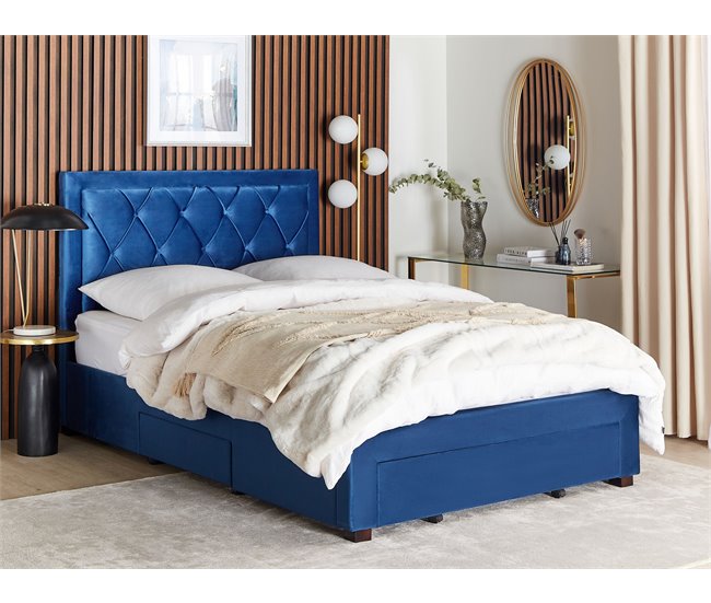 Beliani Cama com armazenamento Veludo LIEVIN 145x217 Azul Marino