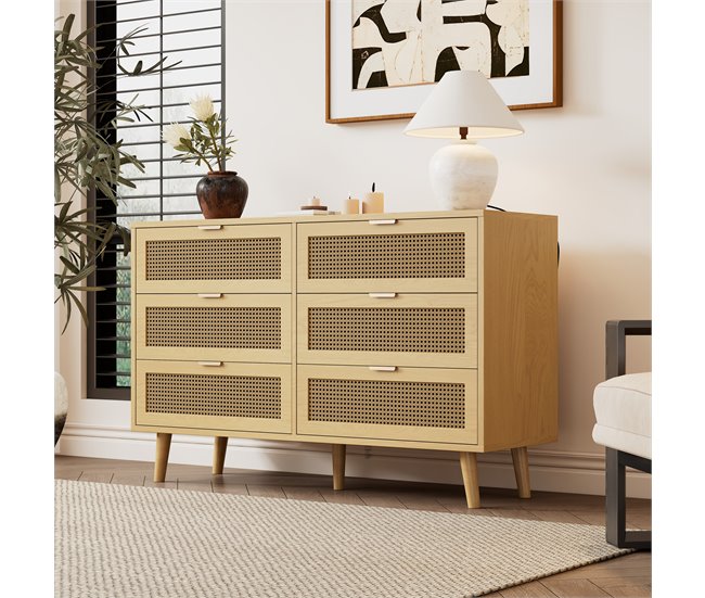 Aparador com efeito madeira e rattan com 6 gavetas Bege