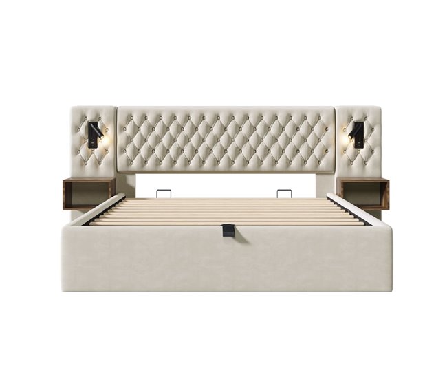 Cama polsterbett 160x200 - cama com arrumação hidráulica, 2 mesas de cabeceira, luz led, bege