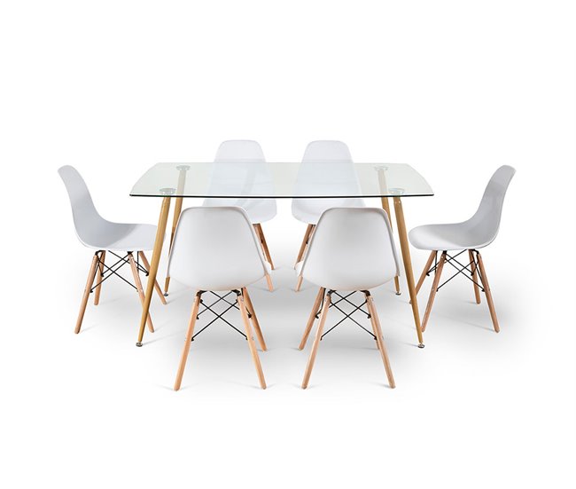 Pacote de mesa de vidro temperado + 6 cadeiras estilo nórdico Transparente