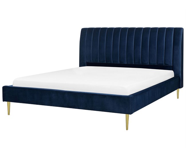 Beliani Cama com estrado Veludo MARVILLE 198x225 Azul Marino