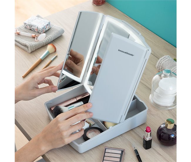 Espelho LED Dobrável com Organizador de Maquilhagem 3 em 1 Branco