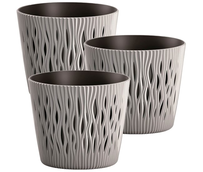 3x plantas redondas de plástico Sandy Round Cinza