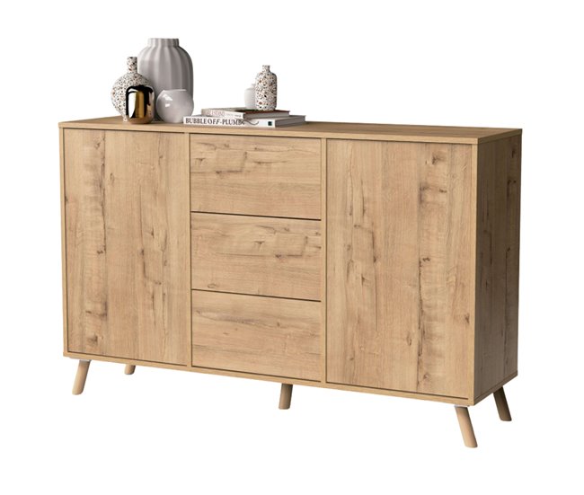 Aparador Oslo com 3 gavetas e 2 portas de abertura por pressão Madeira Clara