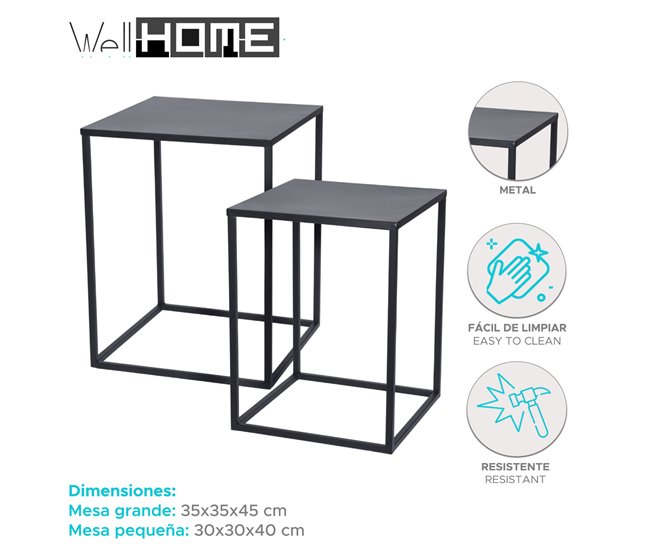Well Home Conjunto de 2 mesas quadradas de metal Preto