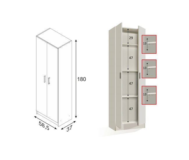 Armário multiuso com 2 portas com efeito madeira 58 Branco
