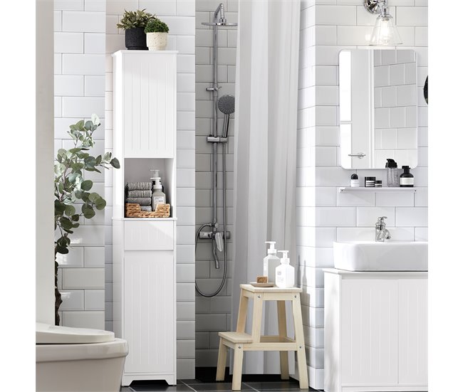 Armário alto de banho com 1 cesto e 1 gaveta BZR109-W SoBuy Branco