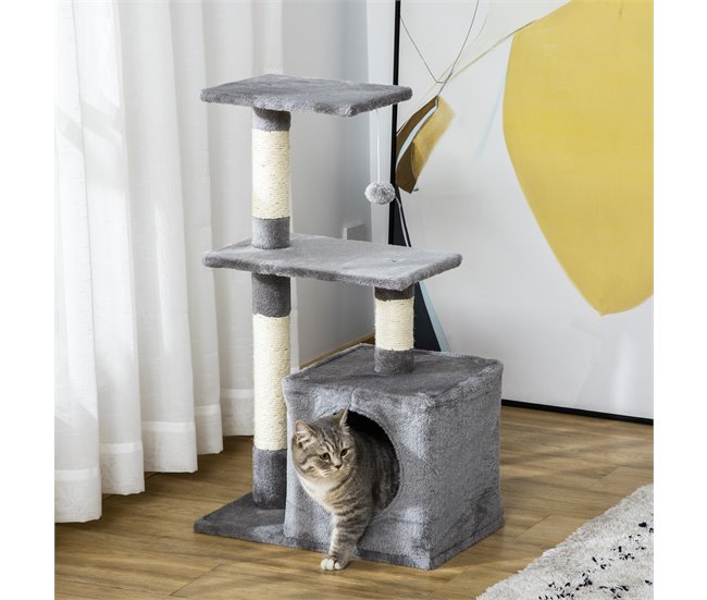 Arranhador para Gatos Aglomerado de Madeira, Pelúcia e Sisal Cinza