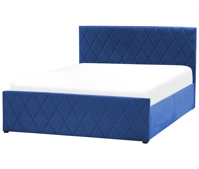 Beliani Cama com armazenamento Veludo ROCHEFORT 150x214 Azul Marino