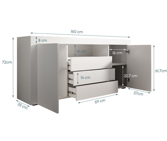 Aparador Sala de estar e jantar 2 portas 3 gavetas Yanis 160 Branco