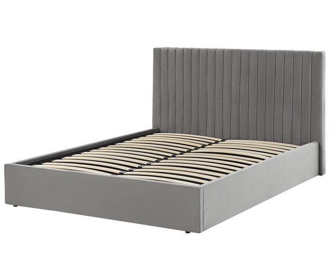 Beliani Cama com armazenamento Veludo VION 177x216 Cinza
