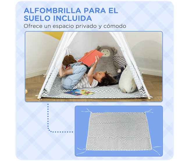 Tenda Tipi Infantil Madeira de Pinho, Poliéster e Algodão HOMCOM Cinza