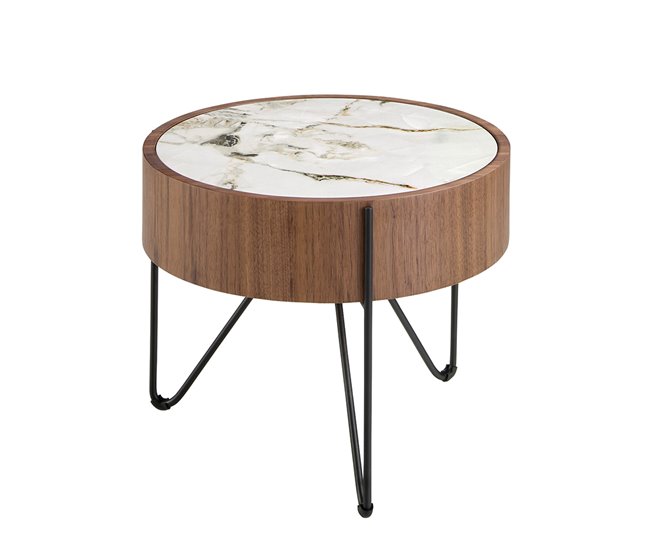 ANGEL CERDA Mesa de canto redonda em mármore porcelânico, nogueira e aço preto Branco/ Madeira