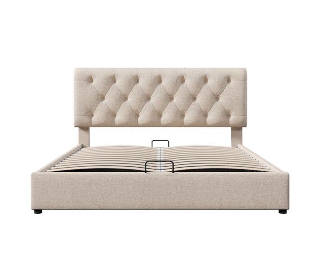 Cama de casal estofada 160x200 - cabeceira ajustável, base metálica, arrumação, moderna - natural