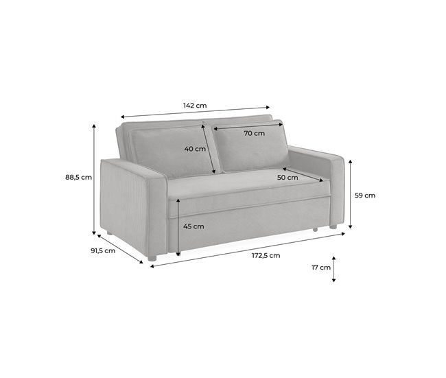 Sofá-cama de bombazina de 3 lugares, Chill Cinza Claro