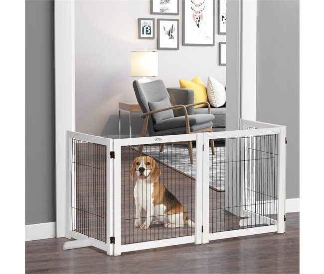 Barreira de Segurança para Cães Madeira de Pinho e Aço PawHut Branco