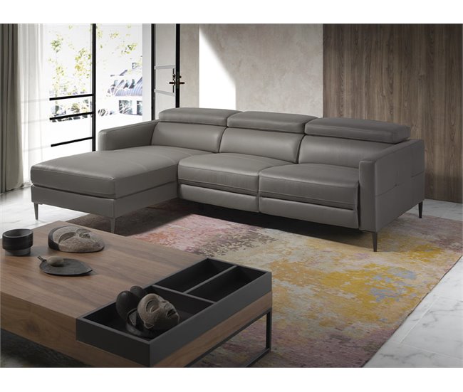 ANGEL CERDA Sofá chaise longue em pele com relaxamento Cinza Escuro