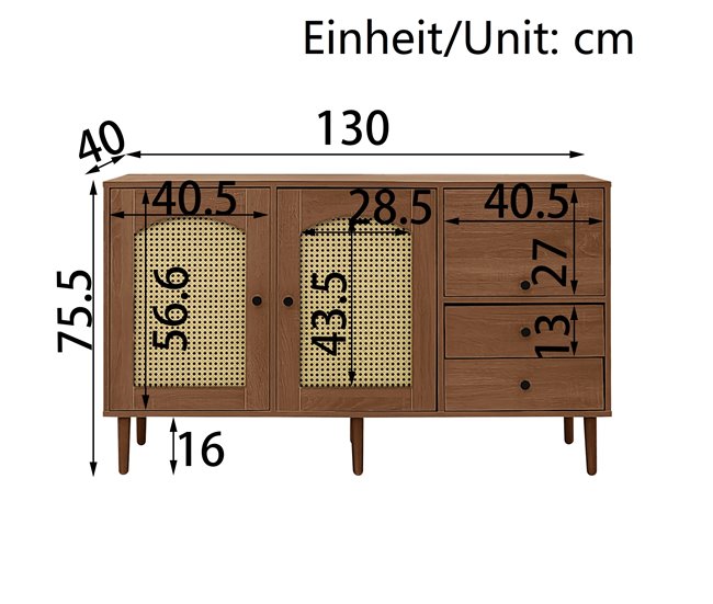Aparador de painel de partículas com 3 portas e 2 gavetas Madeira