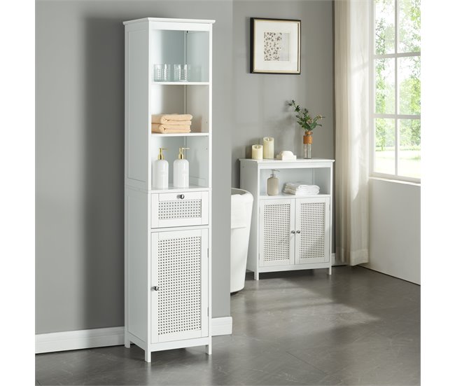 Armário alto Karlsøy com gaveta MDF PVC rattan Branco