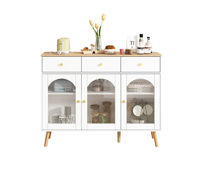 Aparador de painel de partículas com 3 portas e 3 gavetas Natural/ Branco