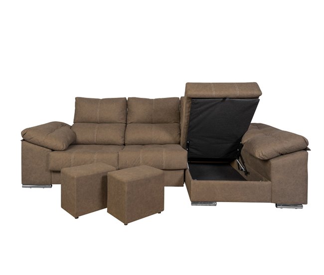 Sofá-cama Yago Chaise Longue Poltrona reclinável, com pufes Arcon +2 Castanho Claro