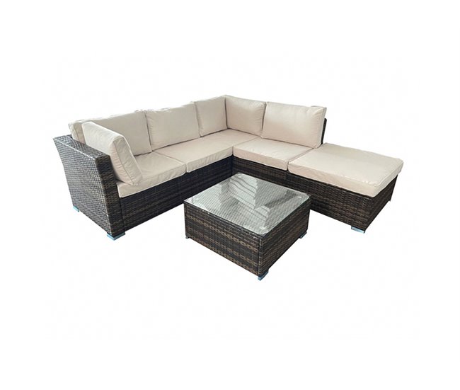 Set sofá de canto MARSELLA com mesa e puff Castanho