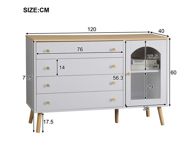 Aparador de painel de partículas com 1 porta e 4 gavetas Branco