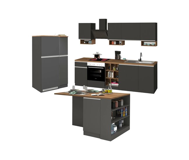 Cozinha completa dantenucc, conjunto com despensa, armário de cozinha, kit bloco com ilha e suporte para frigorífico, 100% fabricado em itália, branco brilhante e ardósia