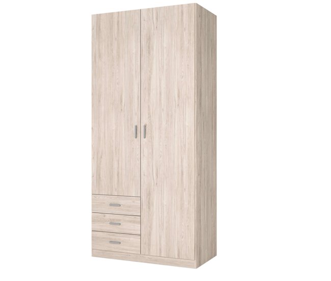 Guarda-roupa Roma com 2 portas e 3 gavetas, estilo moderno Madeira Clara