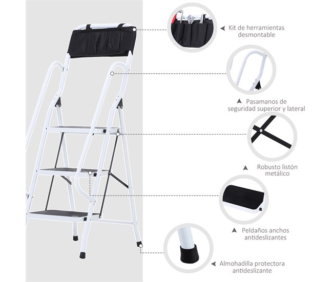 Escada Dobrável Aço, PP, PVC e EVA HOMCOM Branco
