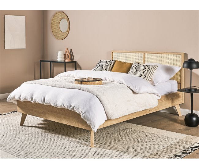 Beliani Cama com estrado Aglomerado de madeira, Rattan/vime MONPAZIER 147x209 Castanho