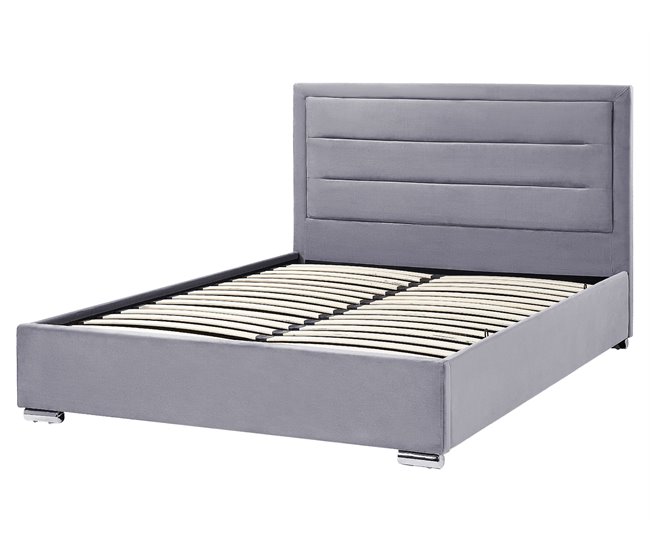 Beliani Cama com armazenamento Veludo ROUEN Cinza Escuro